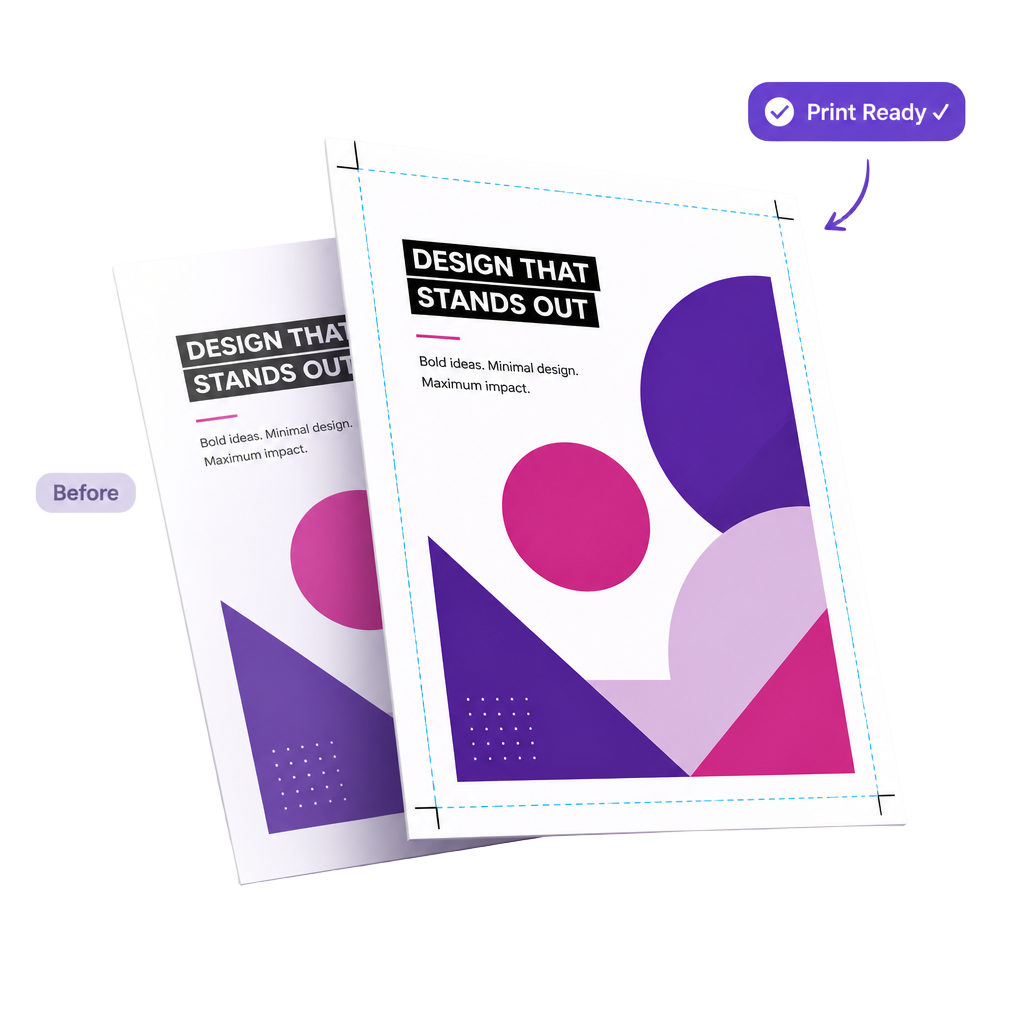 Before and after: a Canva PDF turned into a print-ready file with crop marks and bleed.